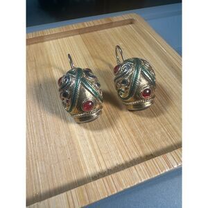 Vintage Gold Tone Enamel Dome Earrings Red Green Cabochon Boho Statement